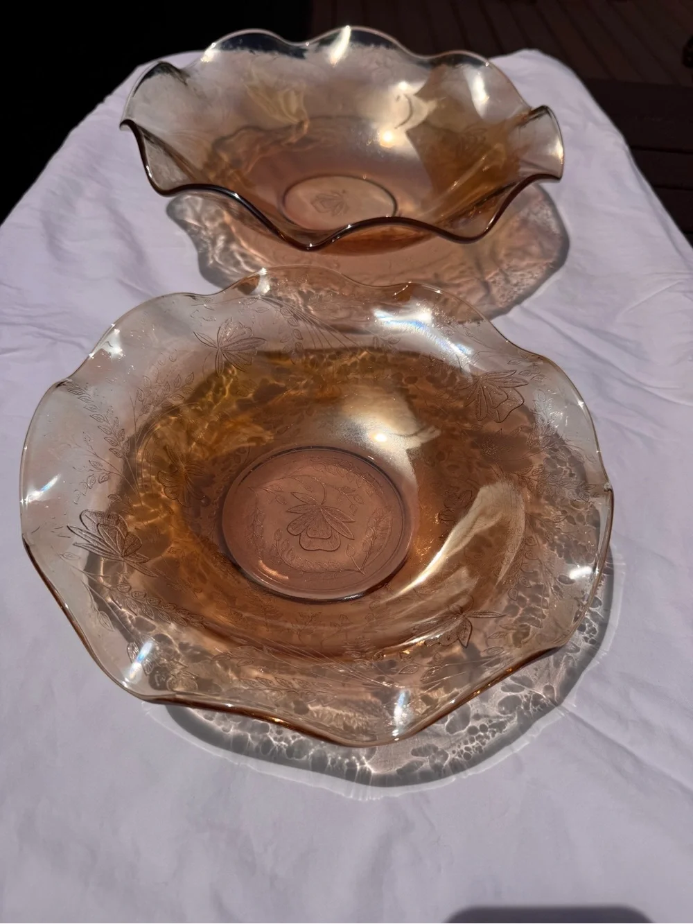 Vintage Jeanette Floragold Glass Floral Scalloped Bowls - Set of 2